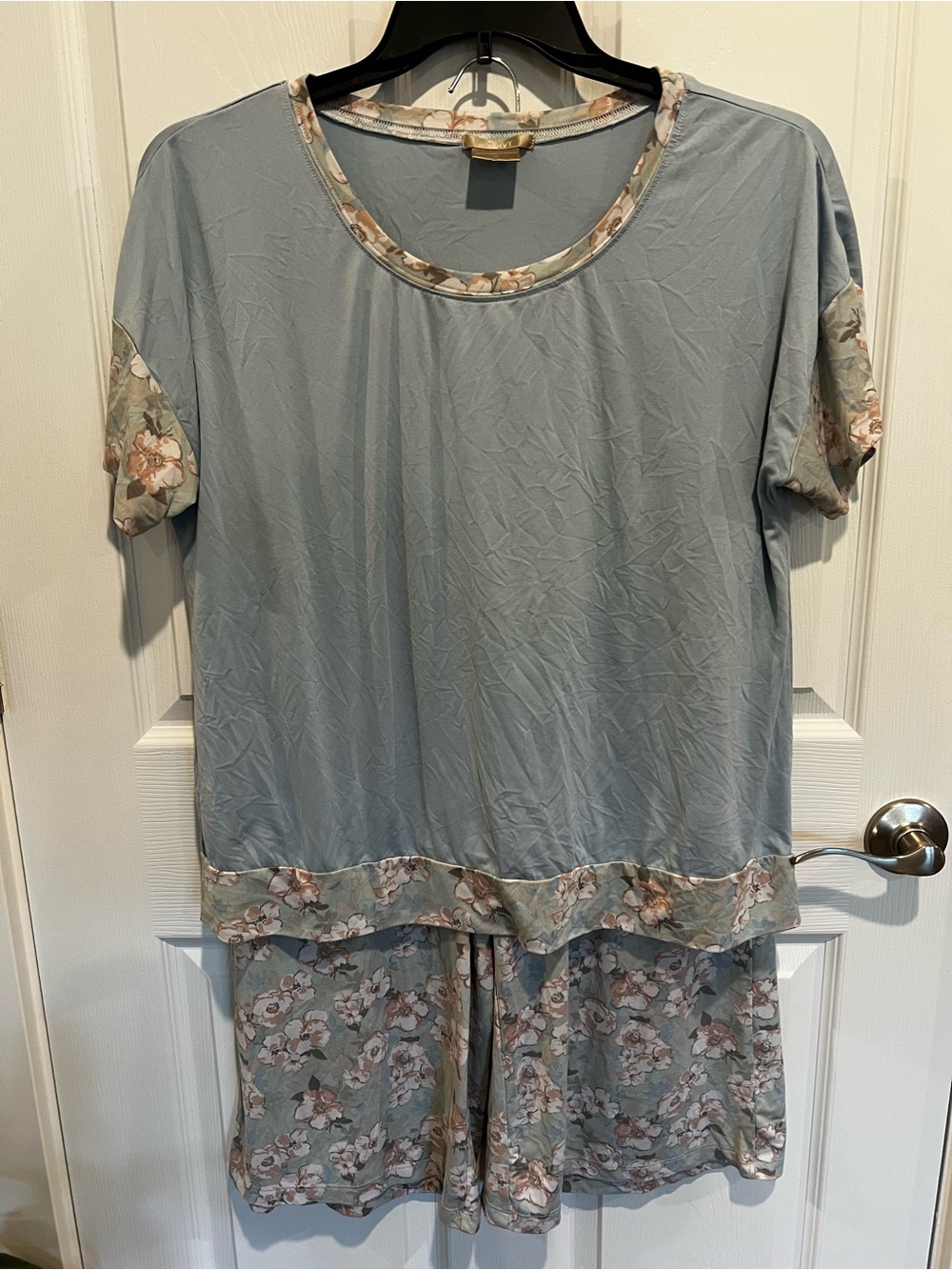 Soft Floral-Trim Short Sleeve Pajama Set - Light Blue